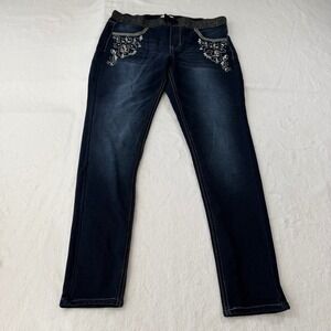 SO Jeggings Womens 20 Dark Wash Blue Excellent Rhinestone Glitter Waistband